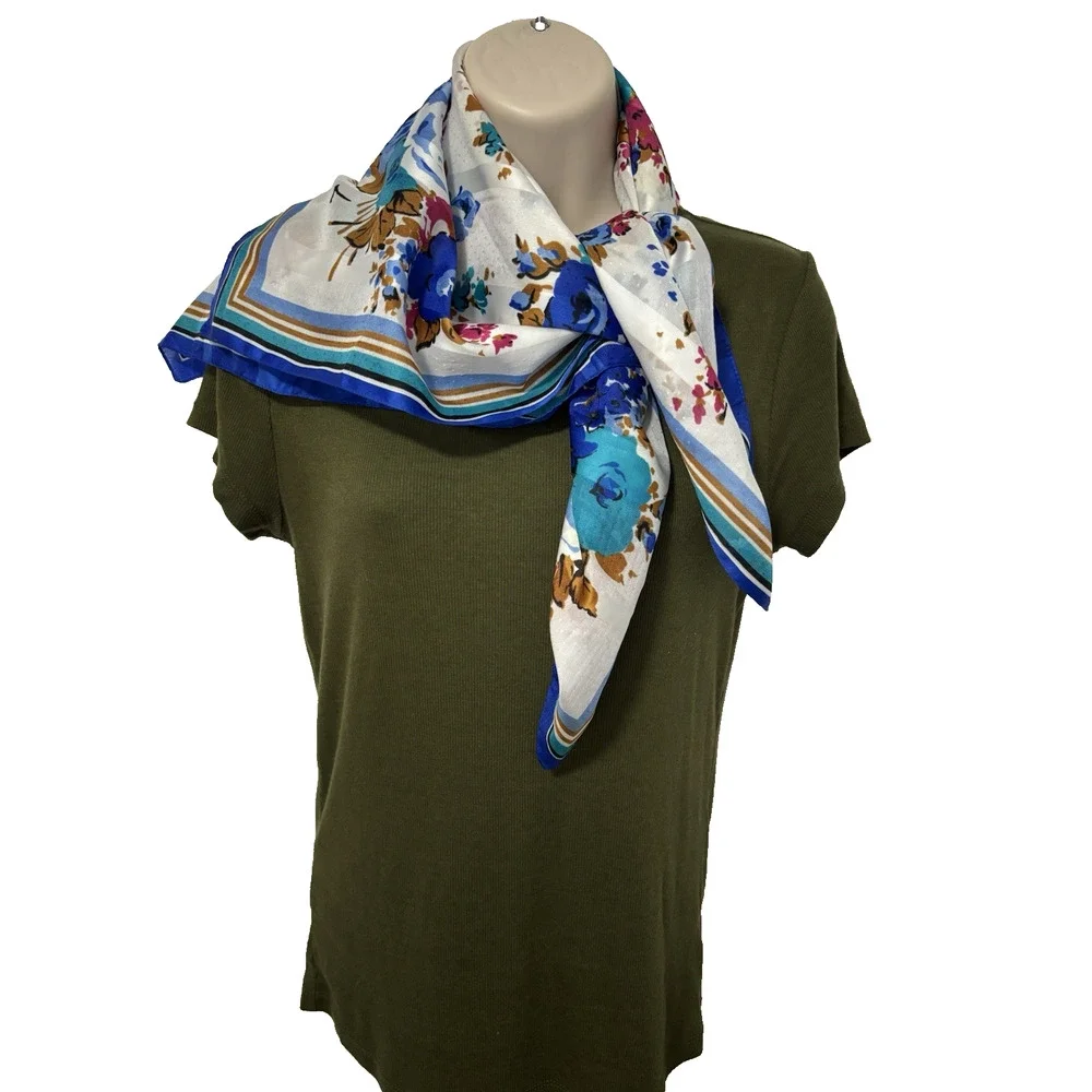 Vintage Blue Pink Floral Square Scarf BOHO Retro Feminine Dainty Bloomcore Fairy